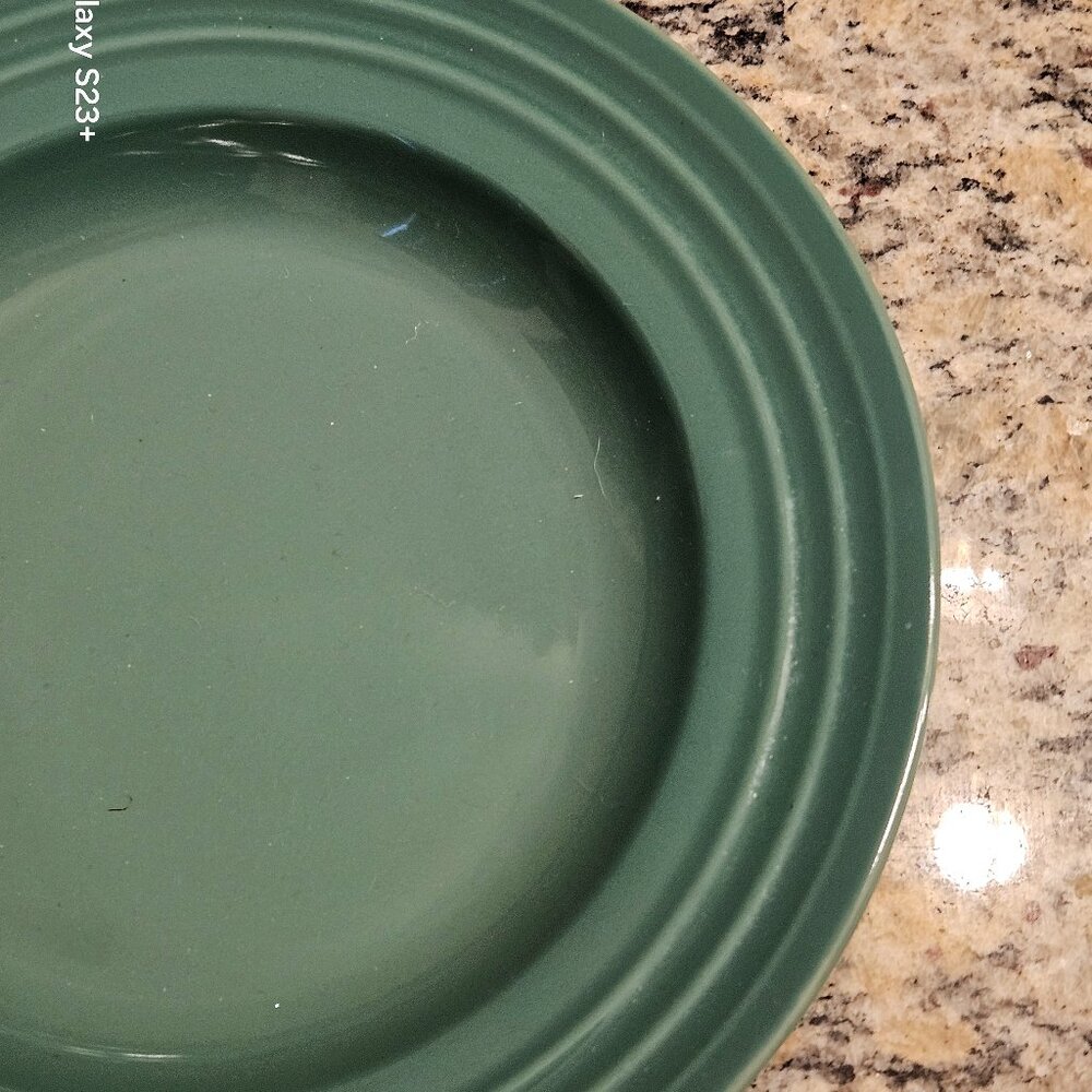 HEAVY LE CREUSET FRANCE STONEWARE SUMMER GREEN RIMMED PASTA SOUP SALAD BOWL DISH - Picture 3 of 8
